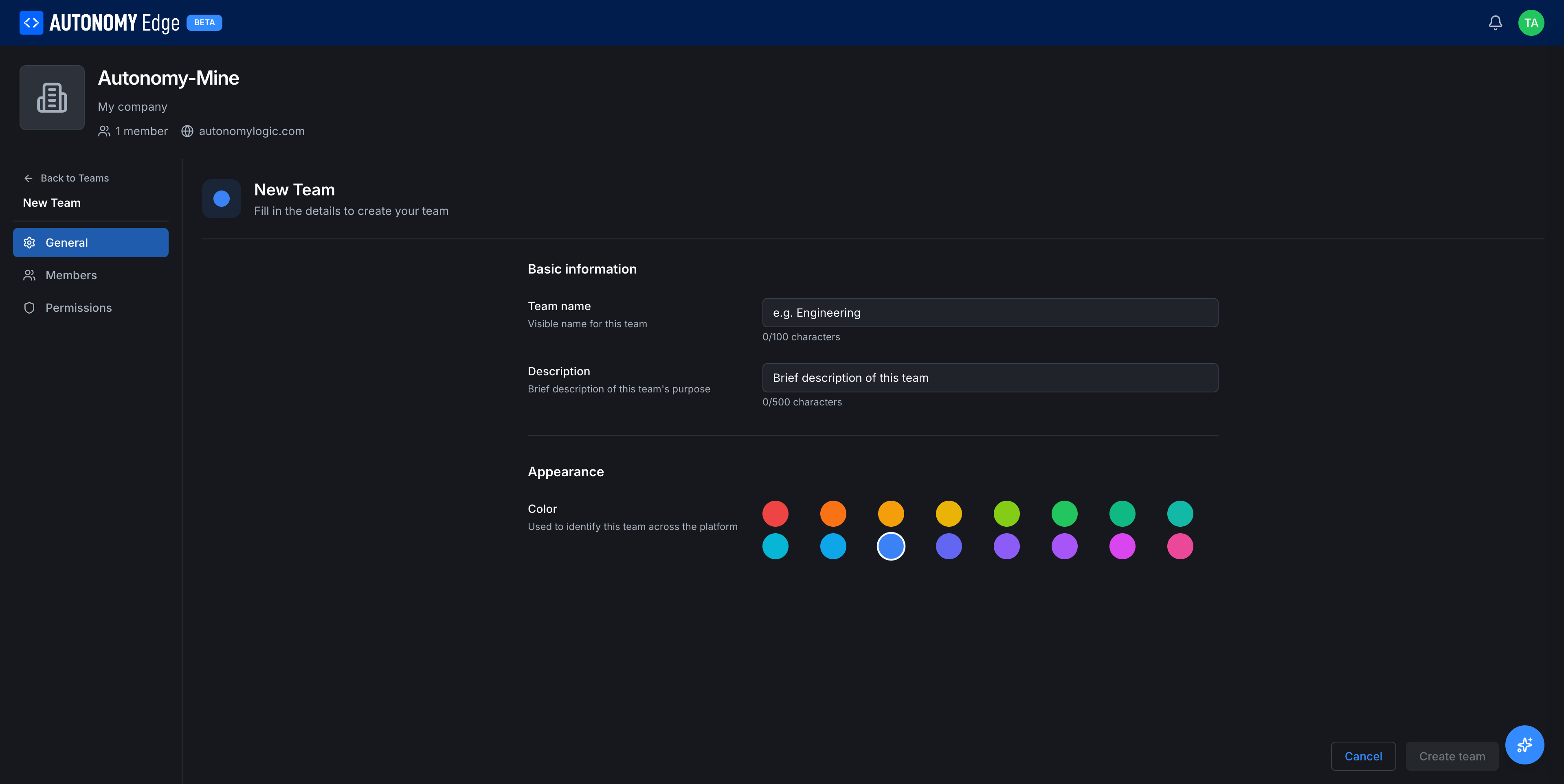 New Team page with General tab open: Basic information and Color picker