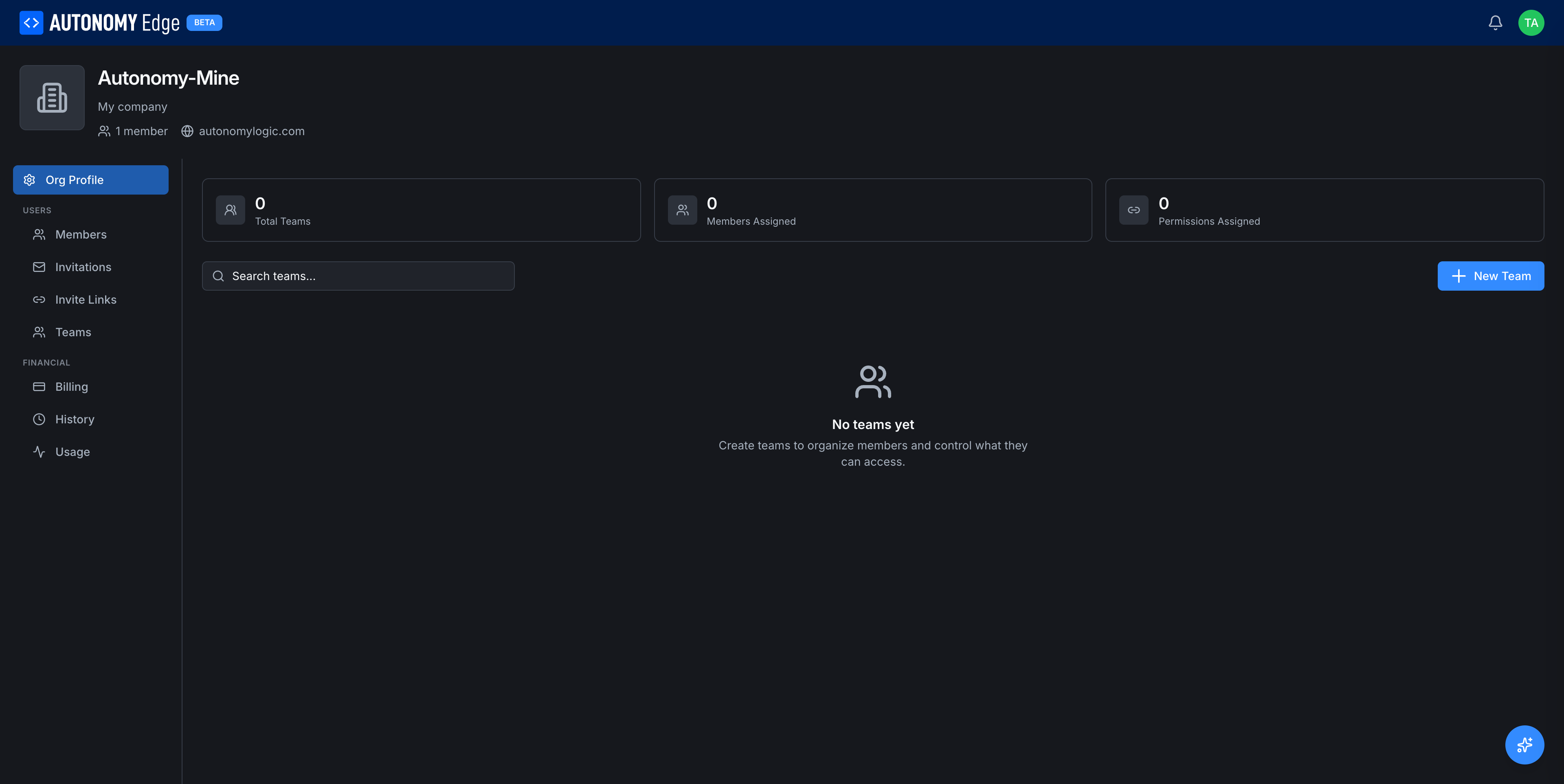 Teams tab, empty state with stat cards and New Team button
