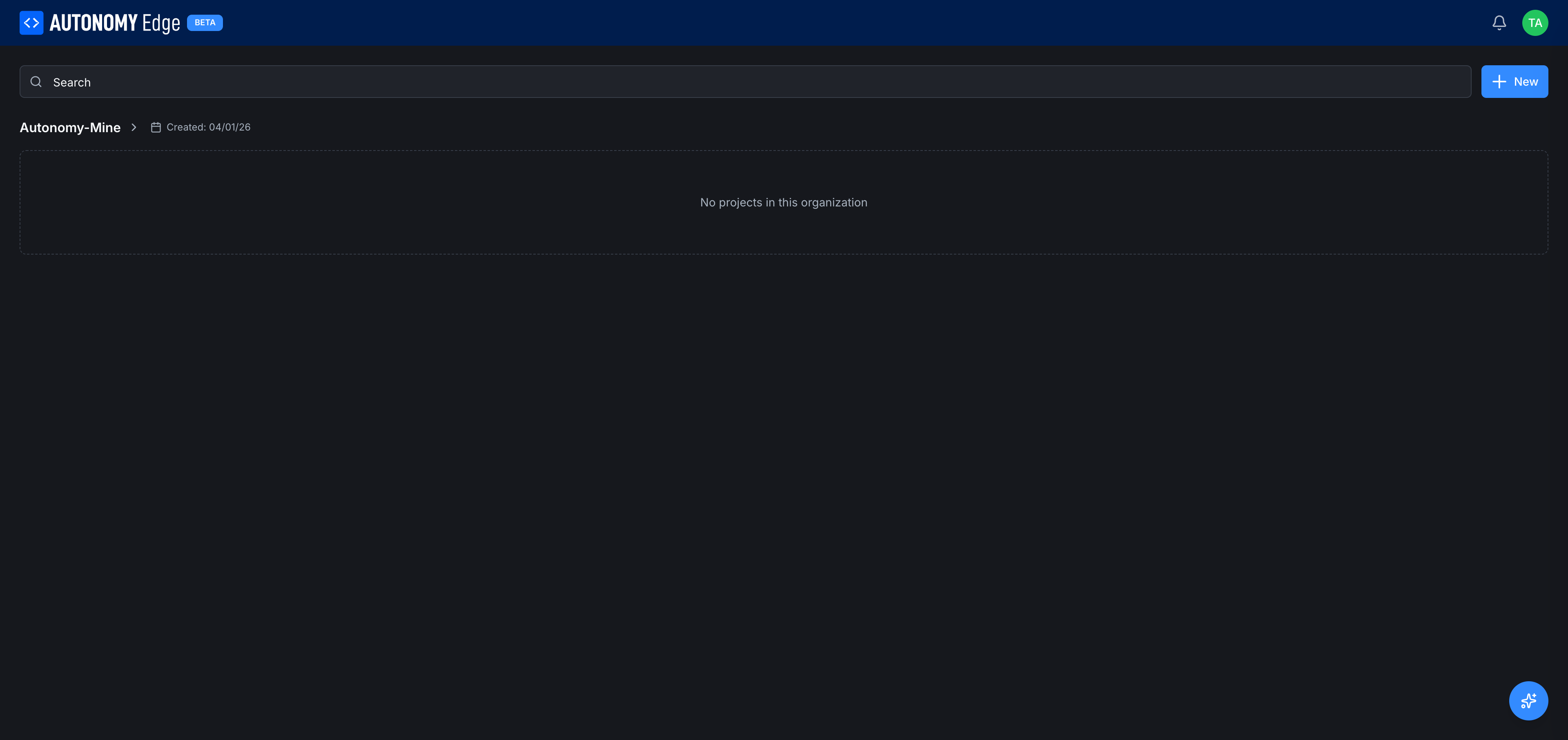 Organizations list, one organization (Autonomy-Mine) with no projects yet