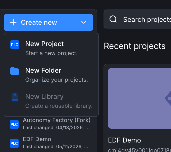 The Create new dropdown showing New Project, New Folder, and New Library