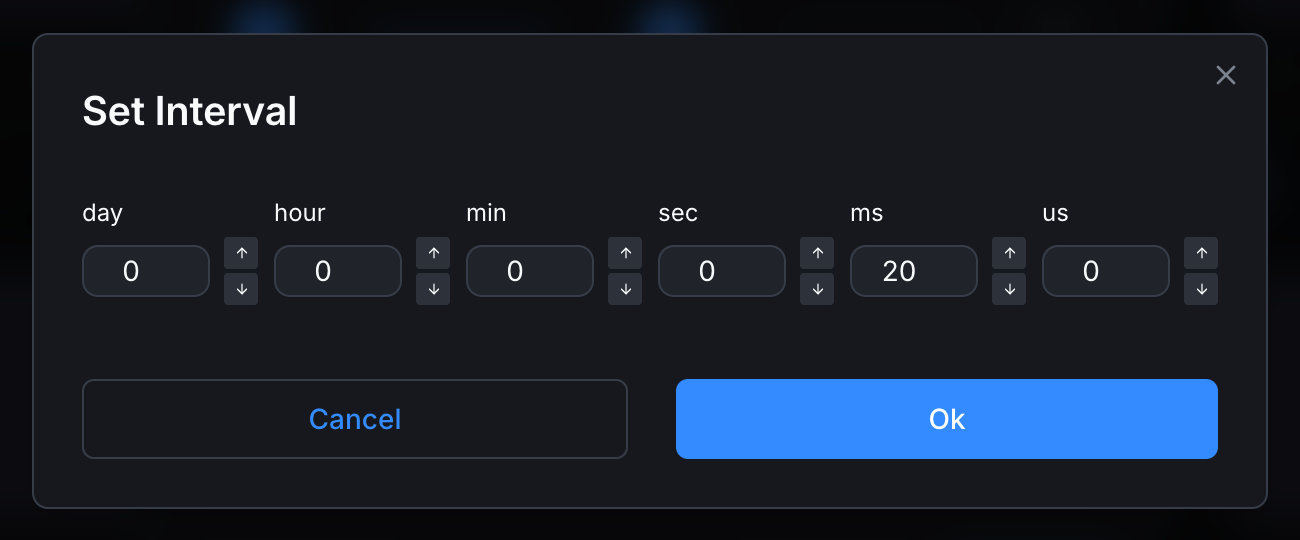 The cycle time picker with separate day, hour, min, sec, ms, us inputs