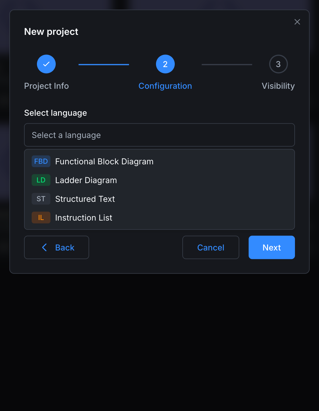Language dropdown showing FBD, LD, ST, IL