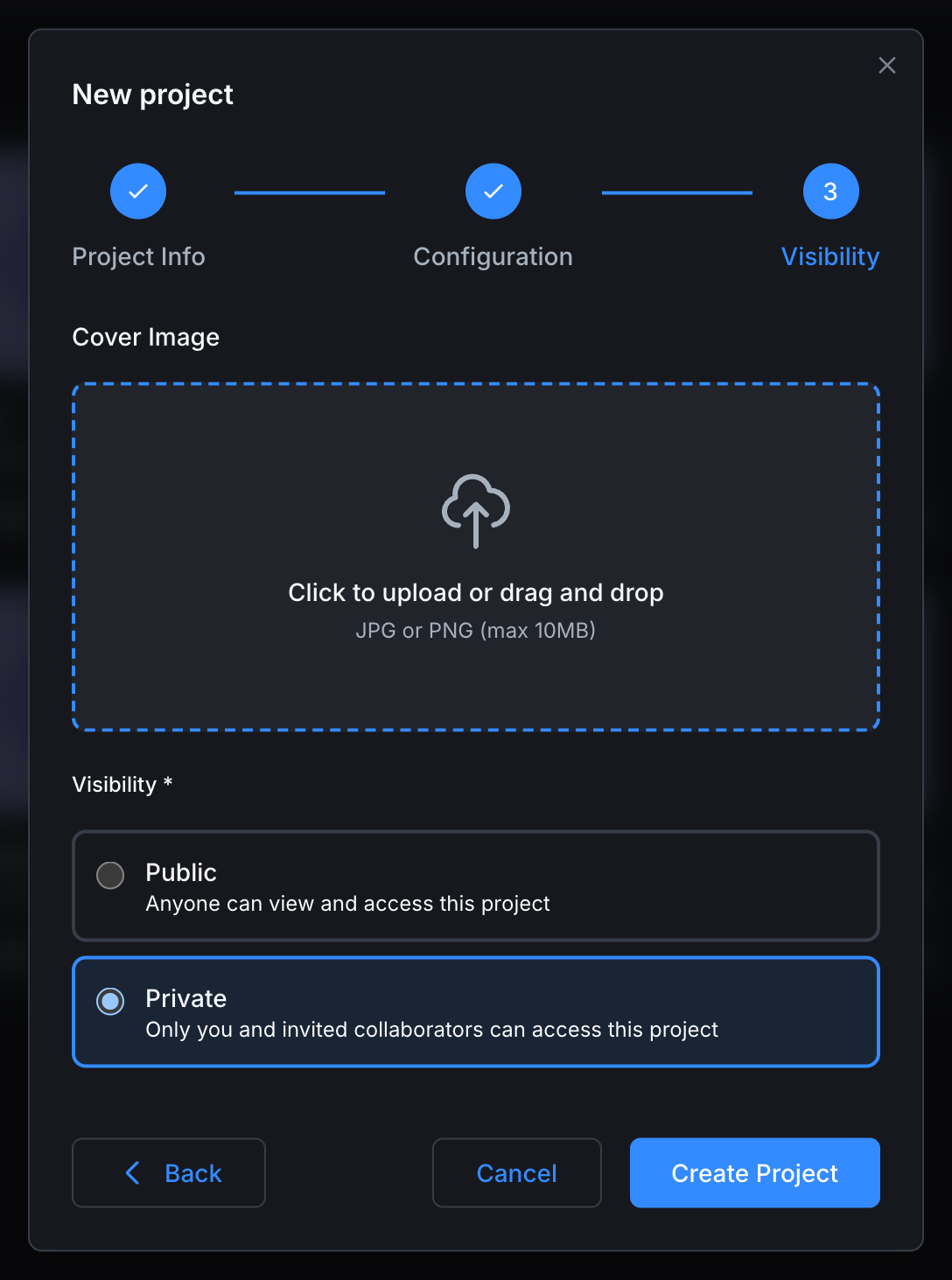 Step 3: cover image upload, Public/Private radio with Private selected