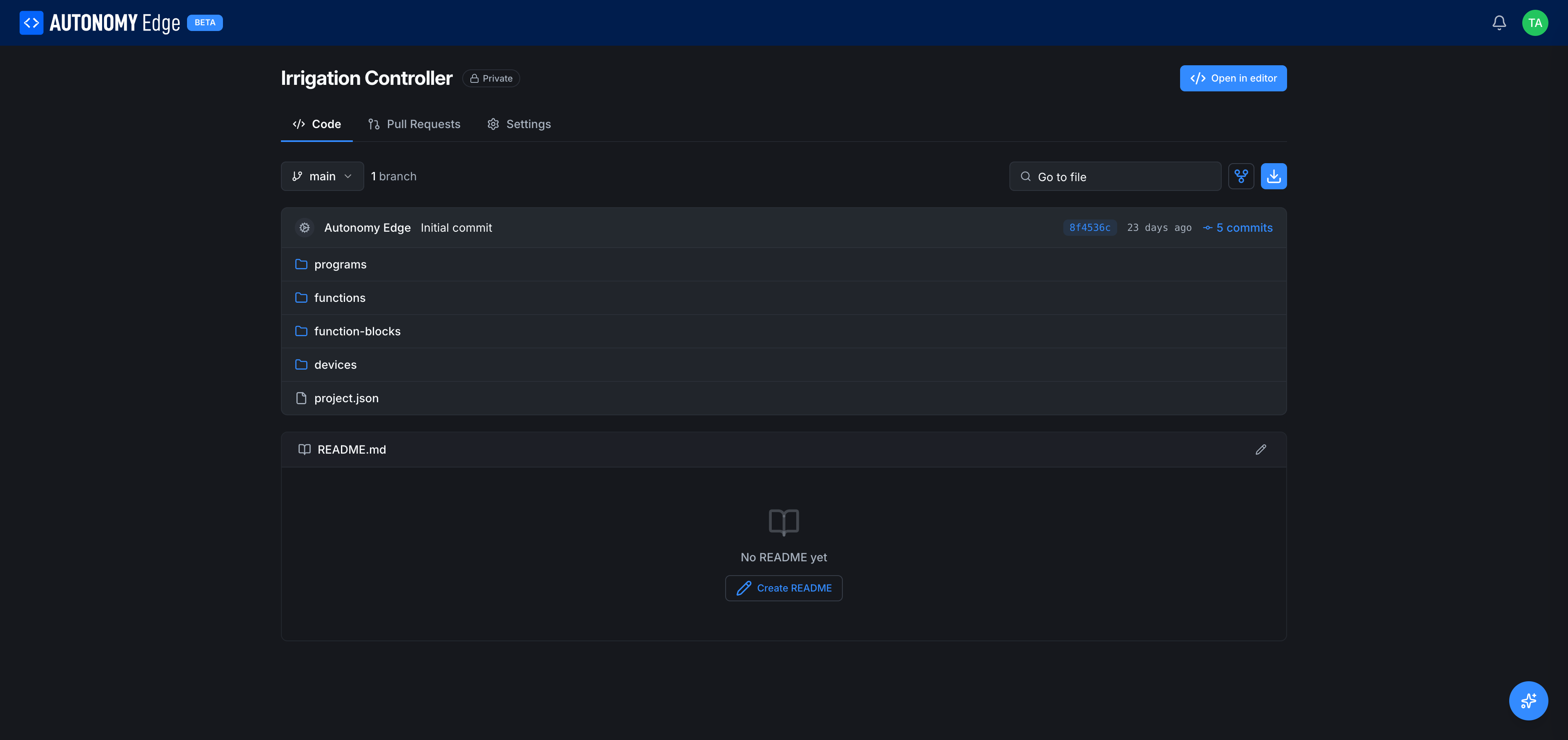 A project's Code tab, file tree, branch selector, commit summary, README placeholder