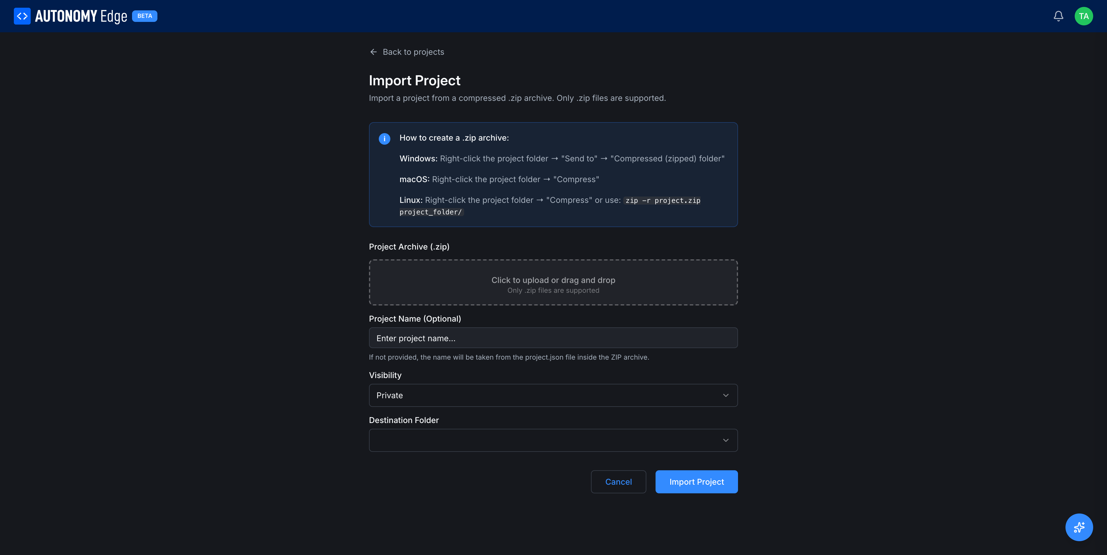 Import Project page with zip-archive instructions and upload area