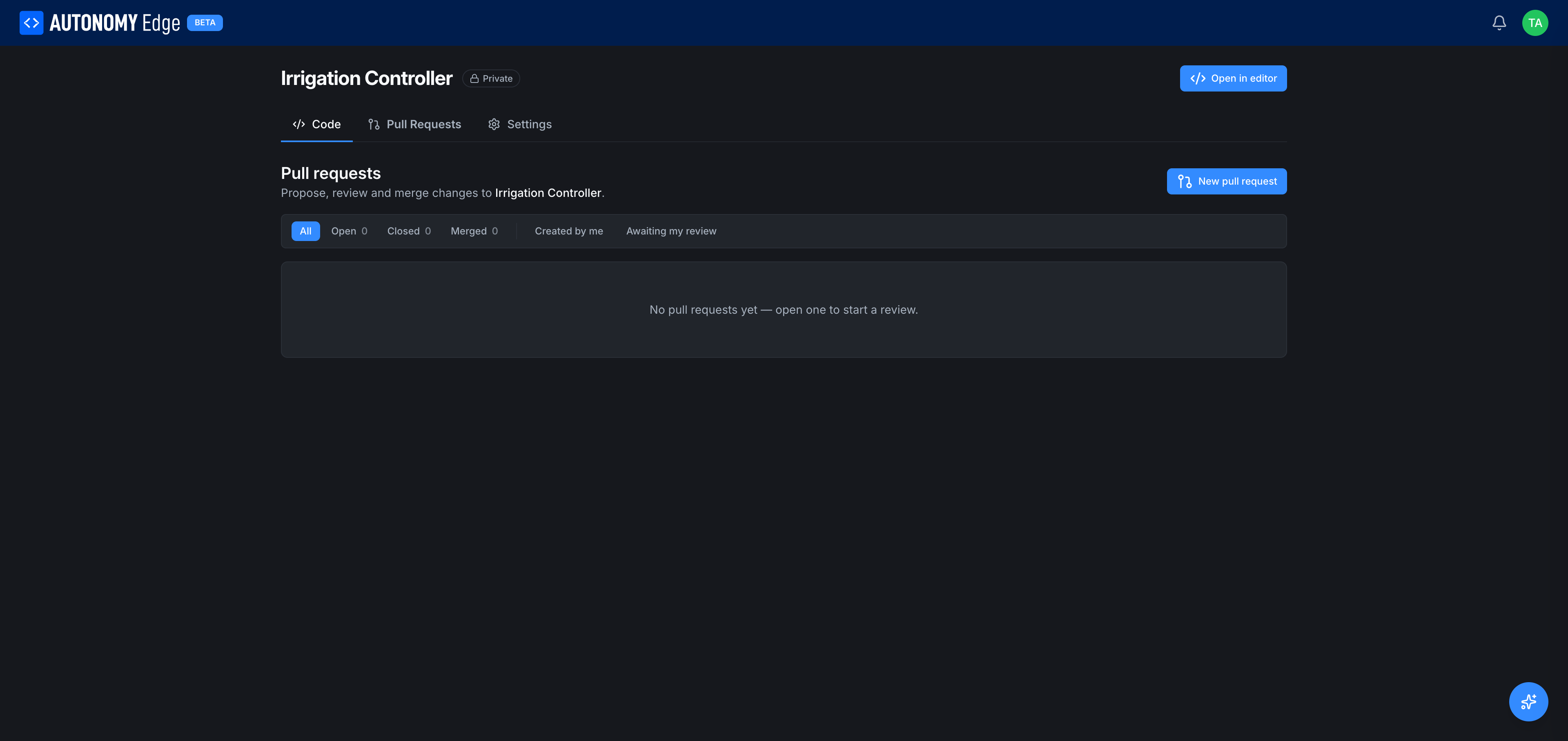 Pull Requests tab with filter row and empty state