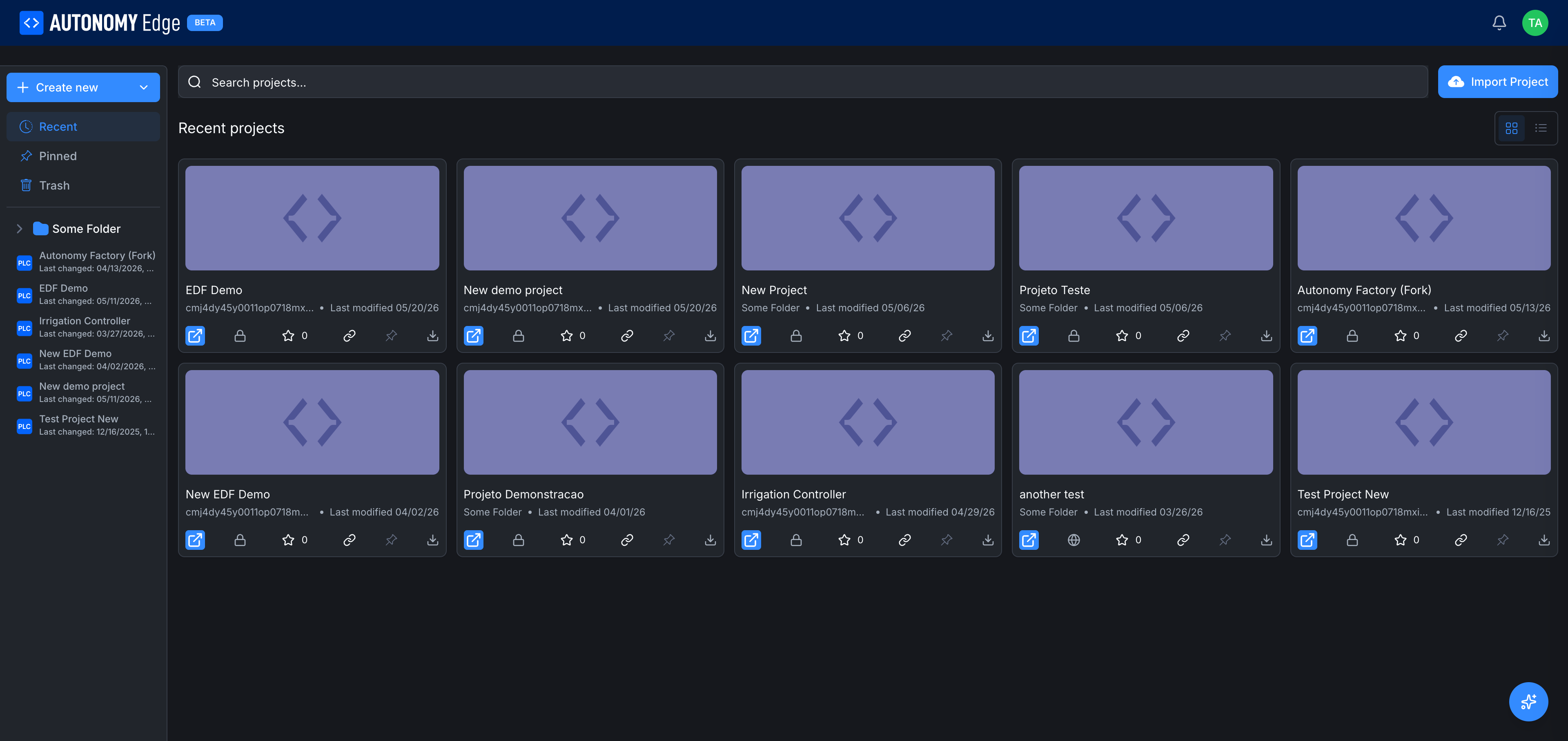 Projects list showing the Recent grid view with project cards