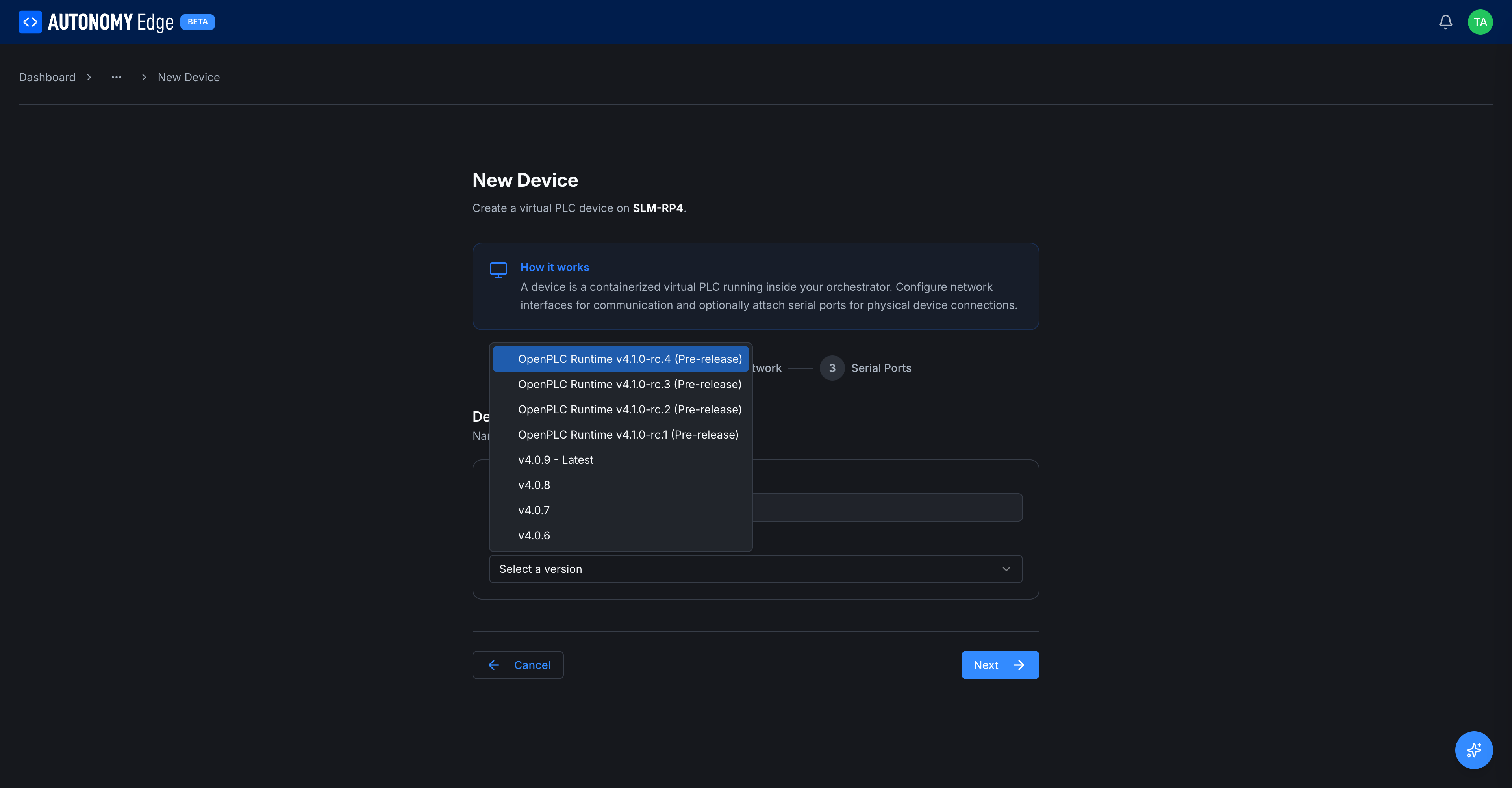 Runtime version dropdown: rc4/rc3/rc2/rc1 pre-release builds, then v4.0.9 - Latest, v4.0.8, v4.0.7, v4.0.6