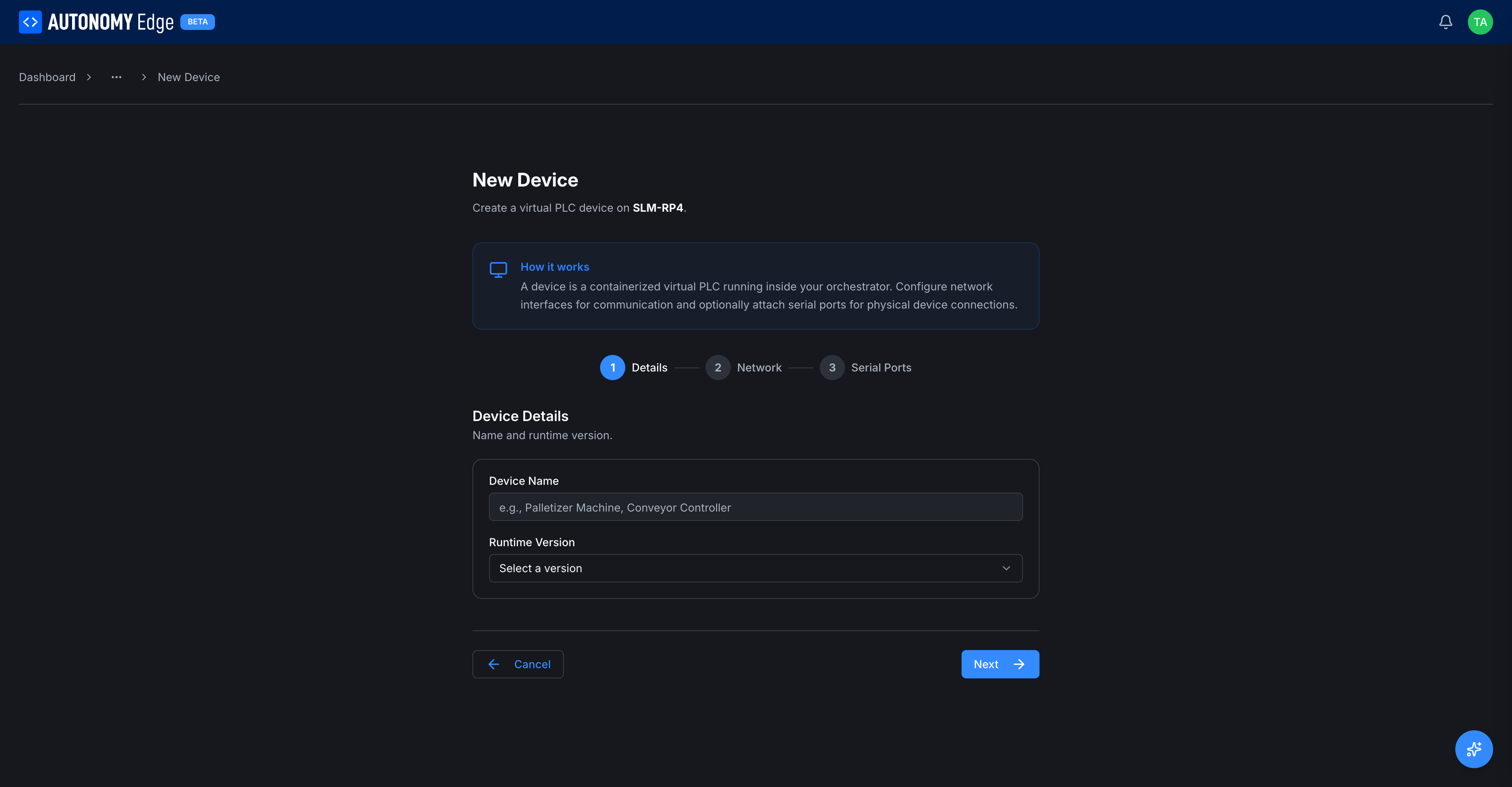 New Device wizard step 1, Device Details: Device Name field and Runtime Version dropdown, both empty