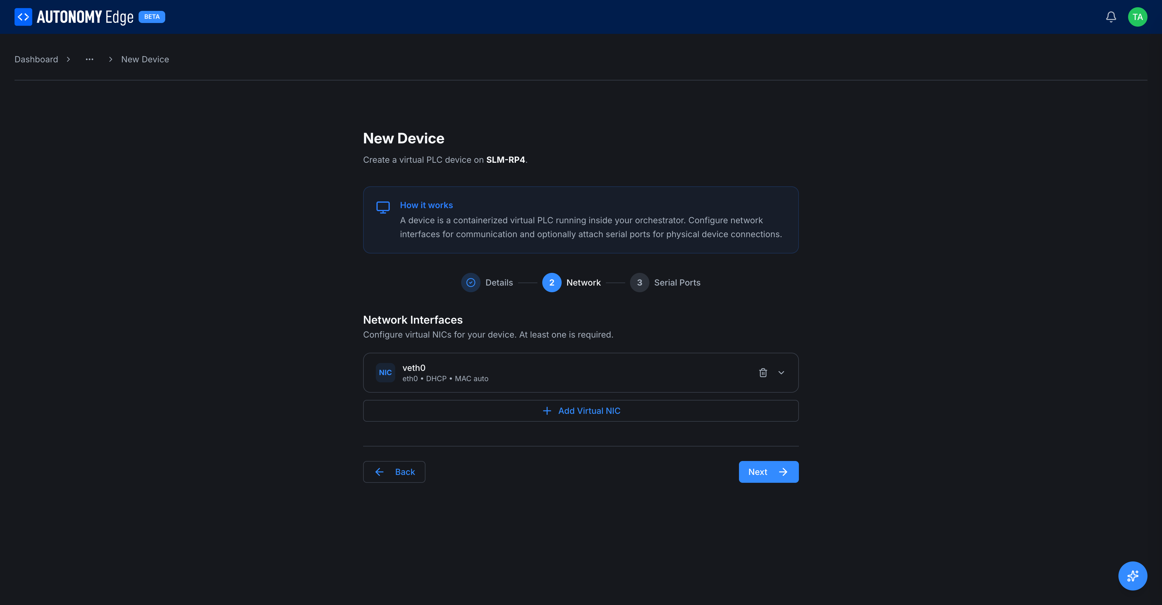 Network step: a single default NIC (veth0) on eth0, DHCP, MAC auto
