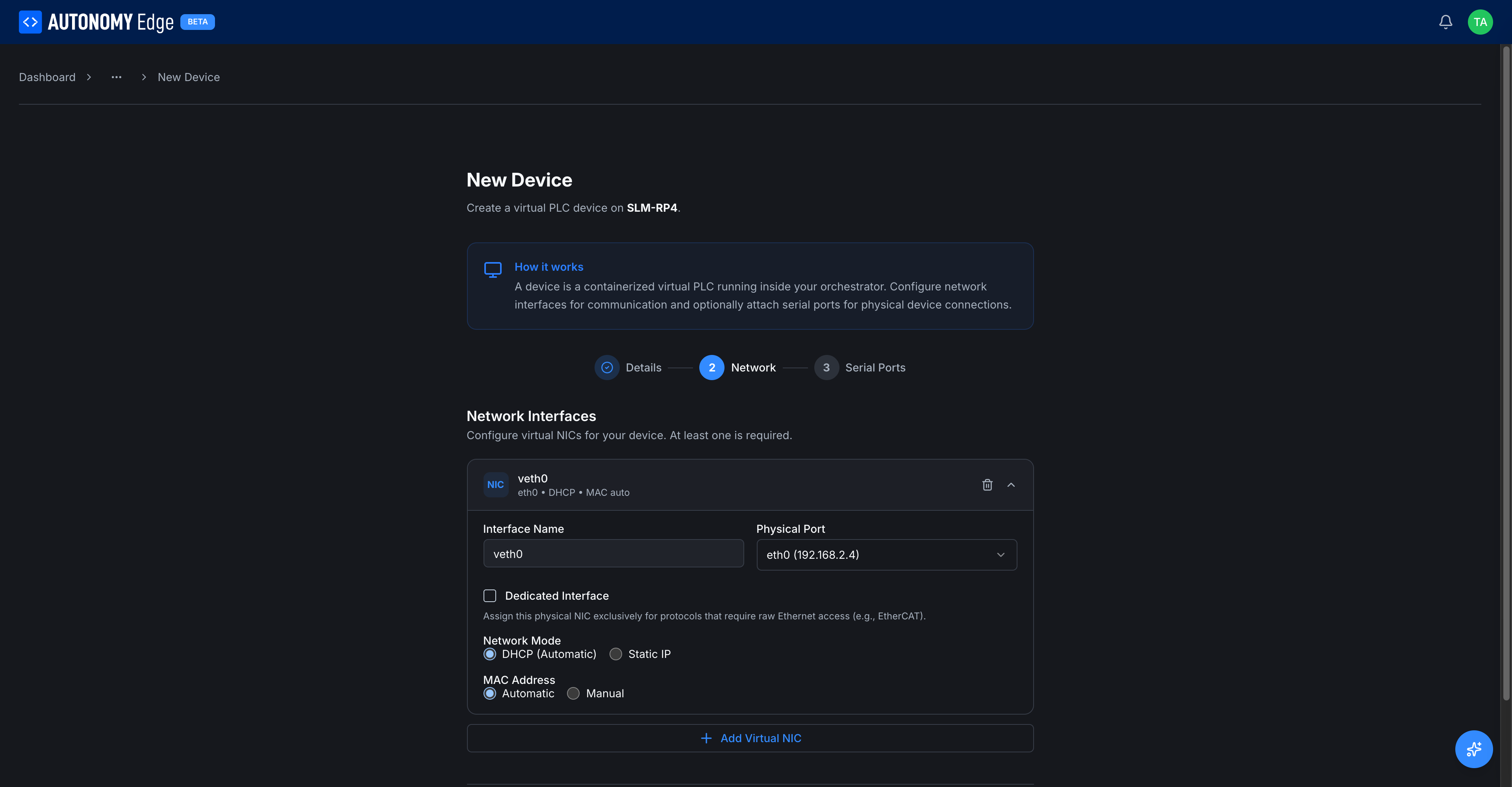 NIC row expanded: Interface Name veth0, Physical Port eth0 (192.168.2.4), Dedicated Interface checkbox, DHCP / Static IP radio, MAC Address Automatic / Manual radio