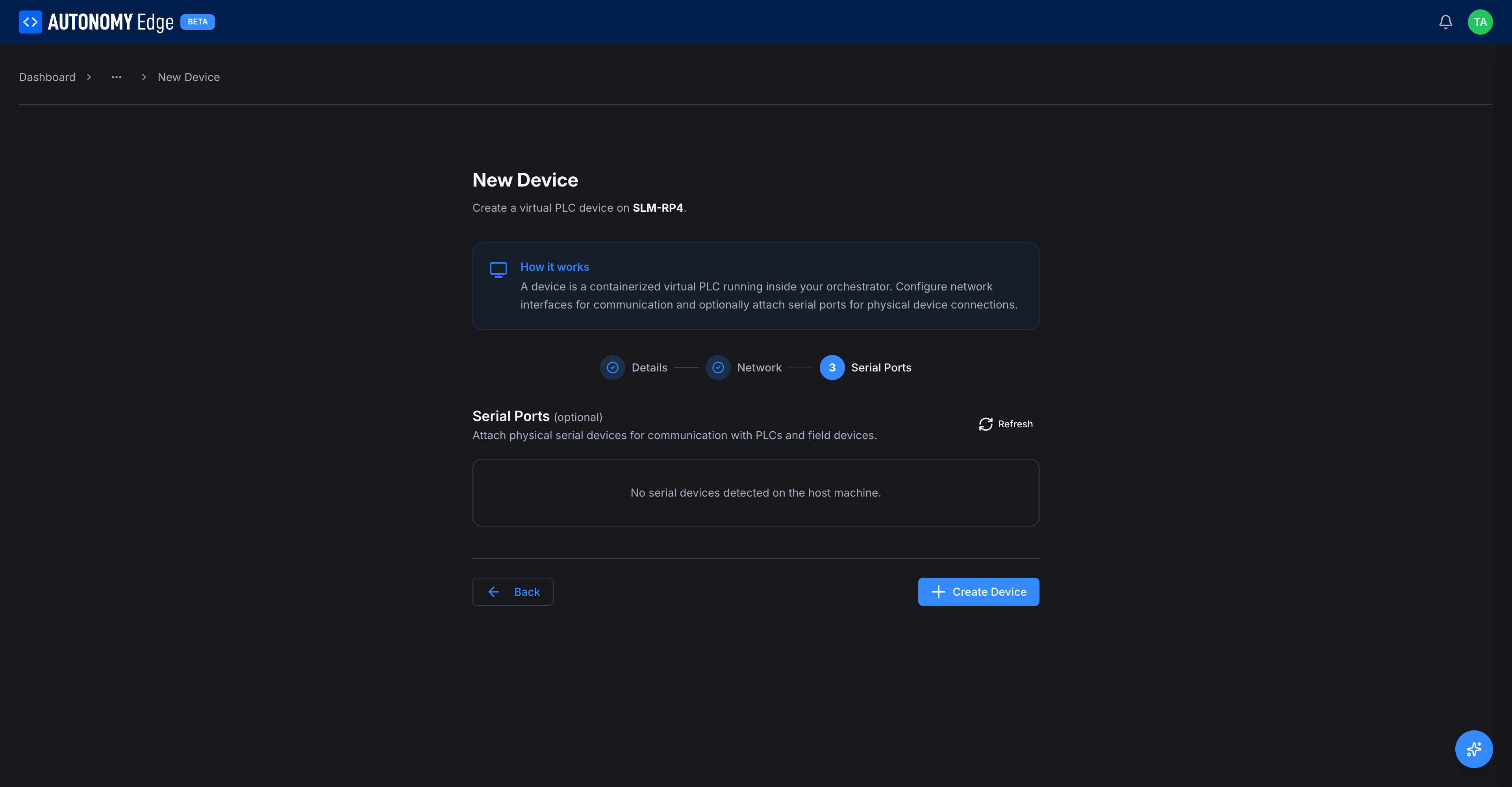 Serial Ports step with a Refresh button on the right and the empty-state message "No serial devices detected on the host machine."