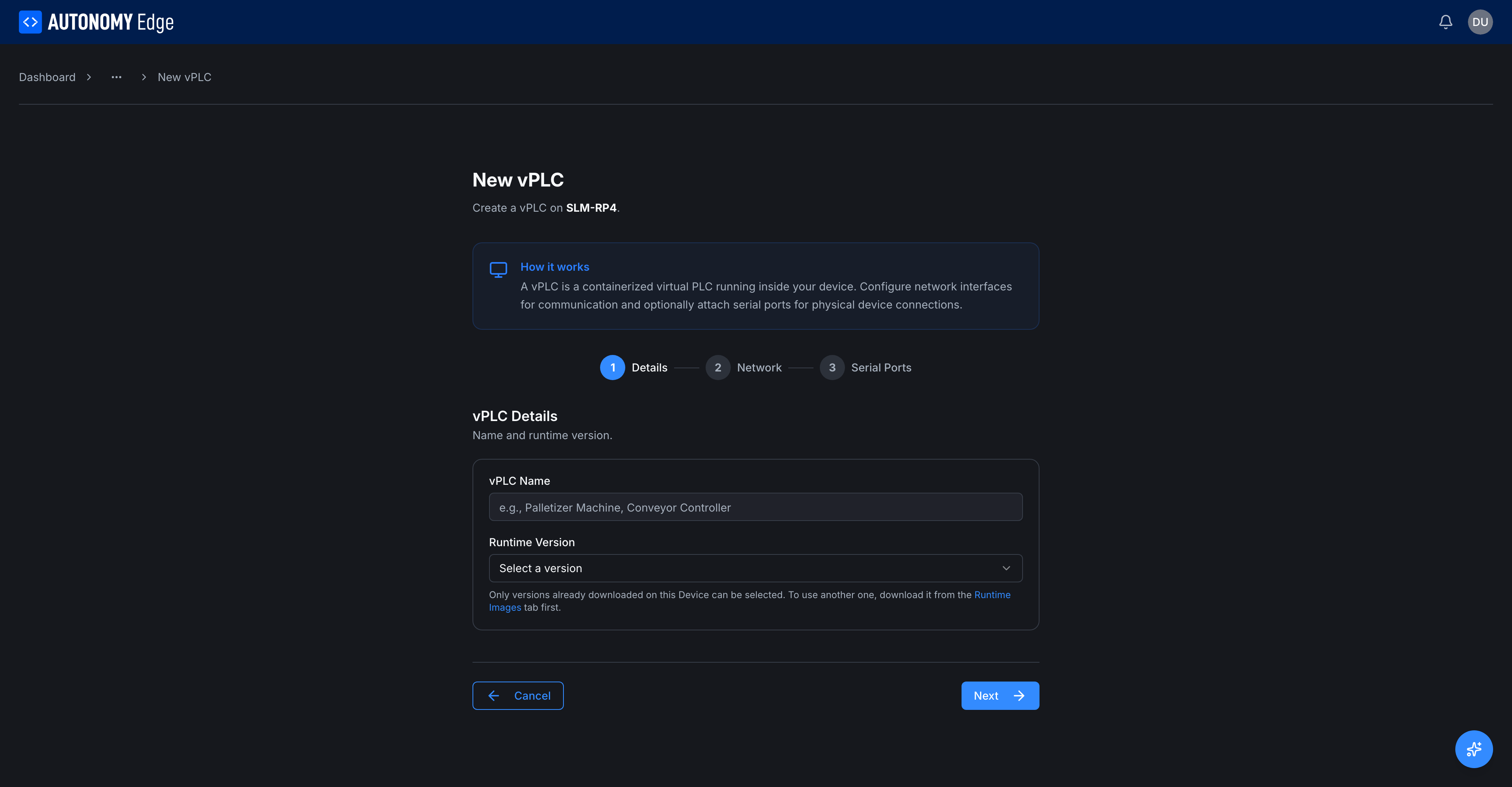 New vPLC wizard step 1, Details: vPLC Name field and Runtime Version dropdown, both empty