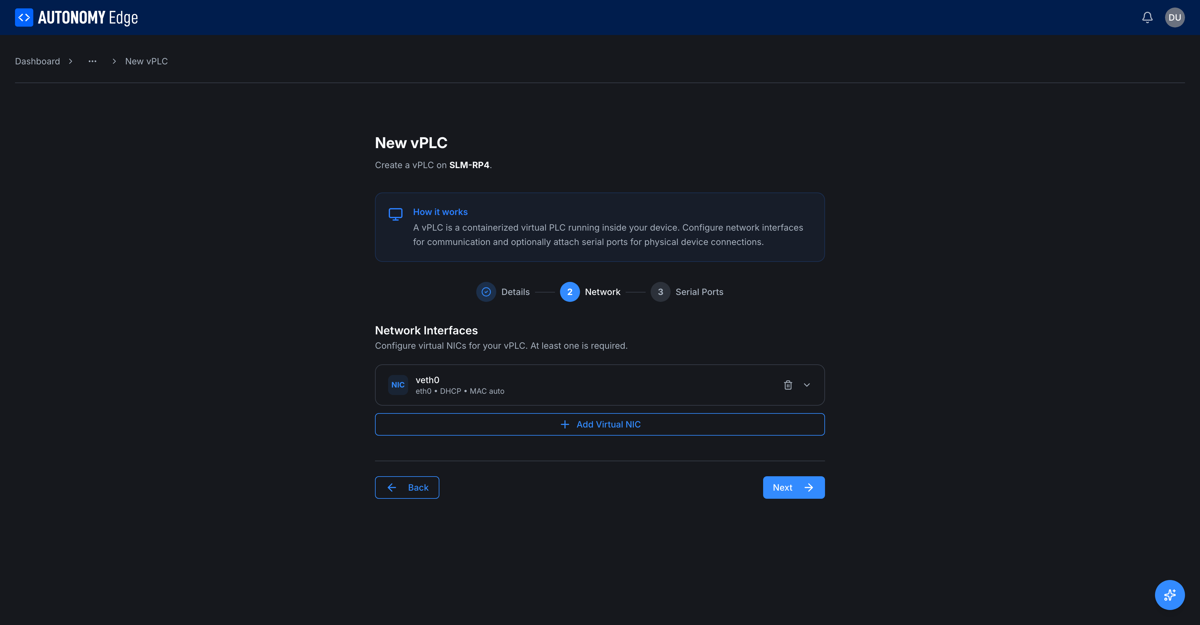 Network step: a single default NIC (veth0) on eth0, DHCP, MAC auto