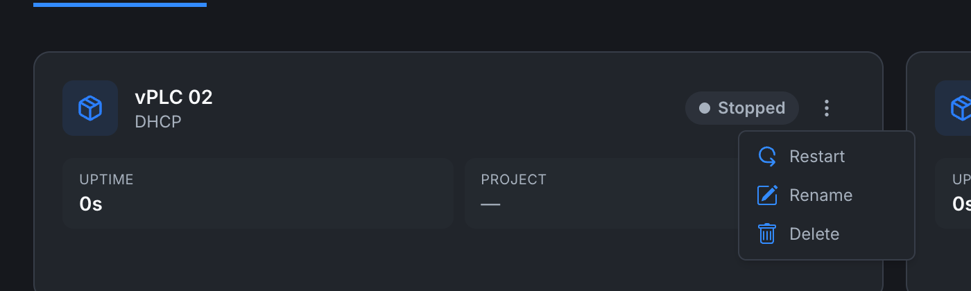 3-dot menu on a Stopped vPLC card: Restart, Rename, Delete