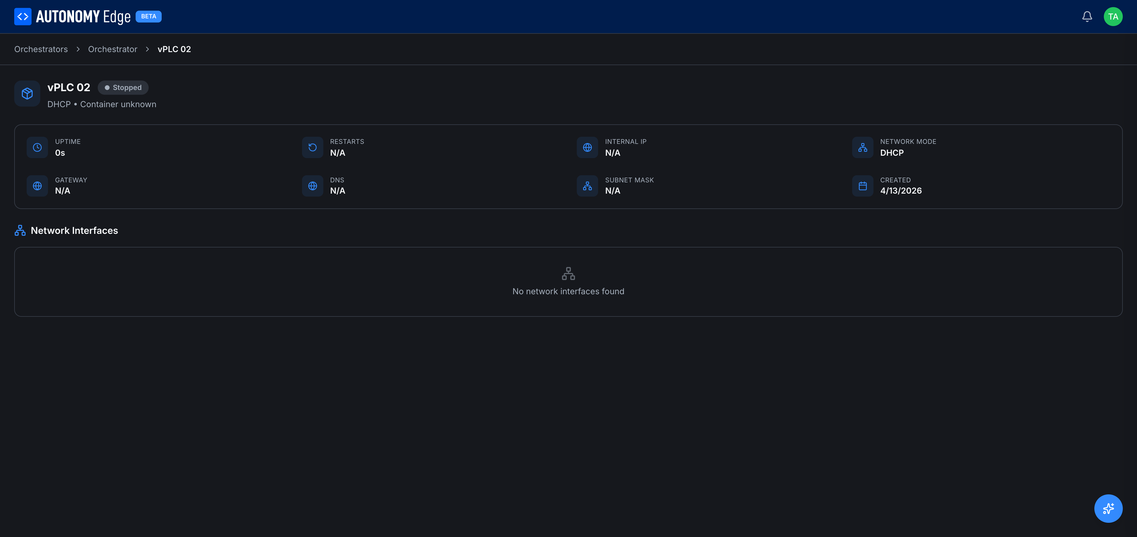 vPLC detail page with Stopped status and N/A fields